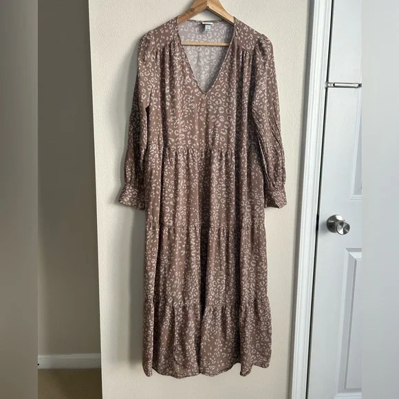 A New Day Layered Tiered Brown Leopard Print Long Sleeves V Neck Midi Dress Sz M - Picture 3 of 7